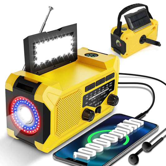 Upgrade Solar Hand Crank Radio with 10000mAh Battery AM/FM/NOAA Emergency Weather Radio with Reading Lamp Flashlight Torch Light SOS Alarm Compass Thermometer & Headphone Jack for Home Outdoor Mmall USA