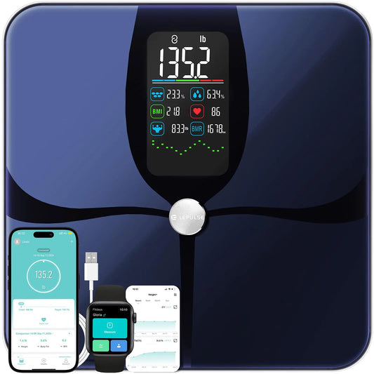 Lepulse Body Fat Scale for Body Weight 4.68” Large Display with Trend Smart Weight Scale with BMI Body Fat Muscle Mass Heart Rate Upgraded 22 Body Composition Scale with App Bathroom Scale Black Mmall USA