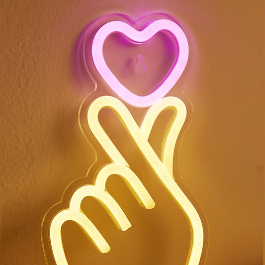 1pc LED Neon Sign, Finger Heart Design, 5V USB Powered, Plastic, Wall Hanging, Switch Control, Bedroom Decor, No Battery Required