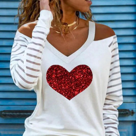 Fashion V Off-Shoulder Printed T-Shirt for Ladies