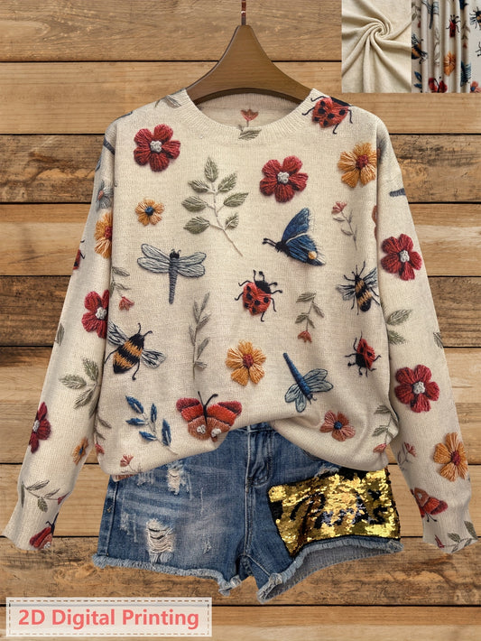 Women'S Lightweight Sweater - 2D Digital Printing-All-Over Floral & Insect Print in Beige/Red/Blue/Black/White/Gray/ - Soft Everyday Pullover for Fall/Winter - Casual Chic Sweater for Everyday & Formal Outfits - Women'S Sweat