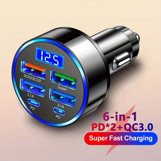 Car Charger Fast Charging 2 PD with 4 Usb Digital Display Car Fast Charger 6-in-1  Mobile Phone Charging Head 7A QC3.0 Car Phone Adapter Car Accessories
