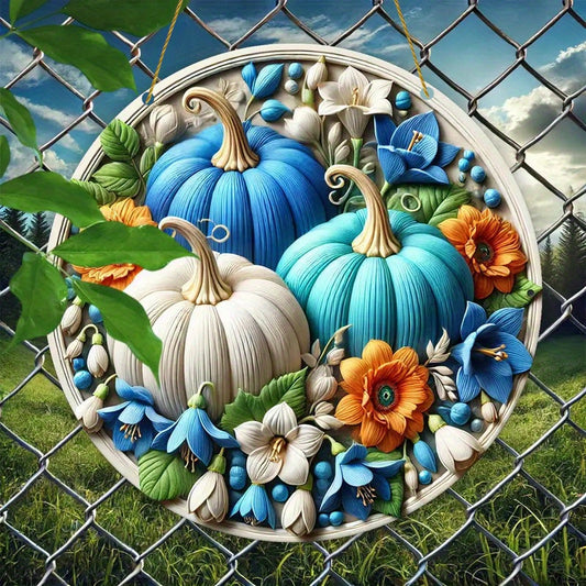 1pc, Fall Pumpkin Stained Acrylic Suncatcher - Vibrant Blue, Orange & White, Window Hanging Pendant, 2D Print Decor, Wreath Center Sign, Perfect for Autumn Thanksgiving Harvest Fest Decor