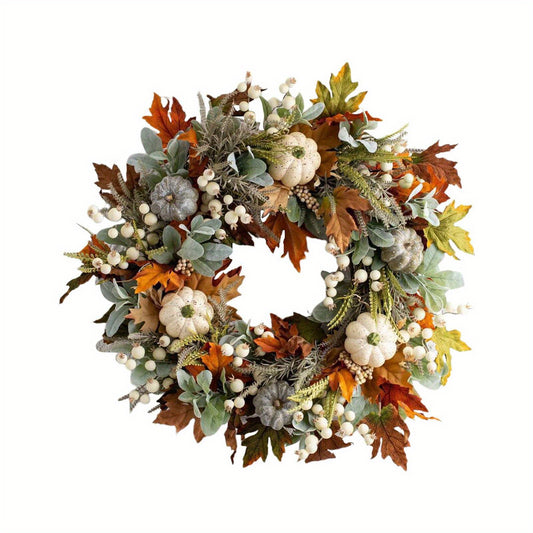 [Fall Pumpkin Wreath] Fall Pumpkin Wreath - 45cm/17.7inch Artificial Wreath for Front Door - Family Farmhouse Decor and Thanksgiving Wreath