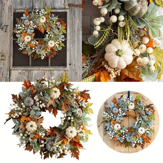 [Fall Pumpkin Wreath] Fall Pumpkin Wreath - 45cm/17.7inch Artificial Wreath for Front Door - Family Farmhouse Decor and Thanksgiving Wreath