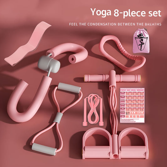 8pcs Yoga Fitness Set - EVA Material - Includes Foot Stretchers, Leg Beauty Clips, Jump Rope, Yoga Rings, 8-shaped Stretchers, Resistance Bands, Action Guide and Drawstring Storage Bag - Suitable for Yoga, Pilates Training, G
