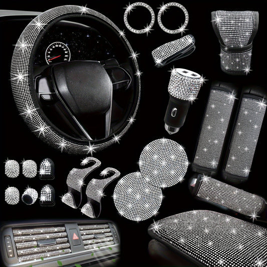 30 PCs Bling Car Accessories Set for Women - Premium Steering Wheel Covers, Stylish Seat Belt Covers, Soft Armrest Cover, Durable Gear Shift Covers - Universally Designed to Fit Most 15-Inch Steering Wheels