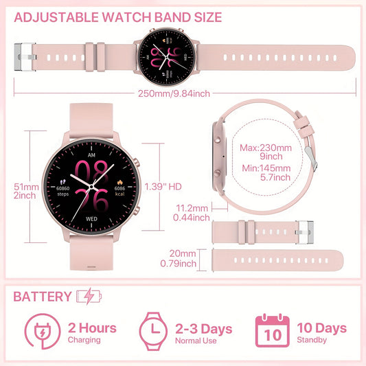 Women'S Smart Watch with 1.39" Touchscreen, Wireless Calling, Messaging, Fitness Tracker, Pedometer, Distance, Calories, 100+ Sports Modes, Multi-Functional Smartband, Weather, Stopwatch, Timer, Alarm, Flashlight, Mini Games,