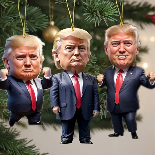 3-Piece Classic Style Trump-Inspired Acrylic Christmas Ornaments - Shiny Car & Tree Decorations, Perfect Festive Gift Idea, Non-Electric, Featherless, for Holiday Season
