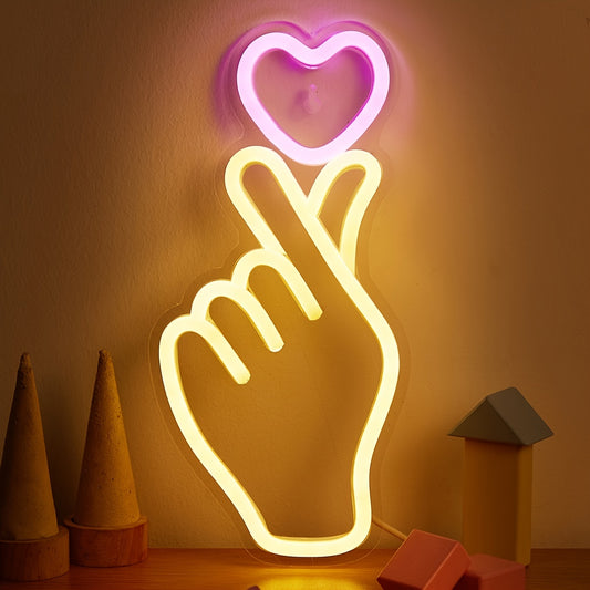 1pc LED Neon Sign, Finger Heart Design, 5V USB Powered, Plastic, Wall Hanging, Switch Control, Bedroom Decor, No Battery Required