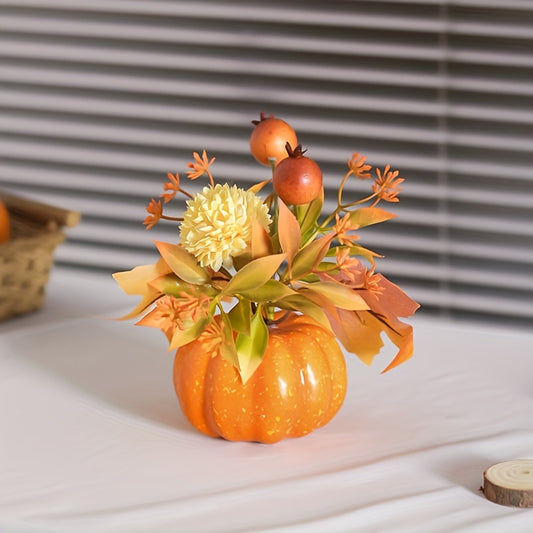 1pc, Fall Pumpkin Decoration with Maple Leaves and Berries - Realistic Artificial Potted Plant for Table Centerpiece, Halloween Party, and Thanksgiving