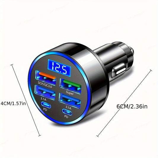 Car Charger Fast Charging 2 PD with 4 Usb Digital Display Car Fast Charger 6-in-1  Mobile Phone Charging Head 7A QC3.0 Car Phone Adapter Car Accessories