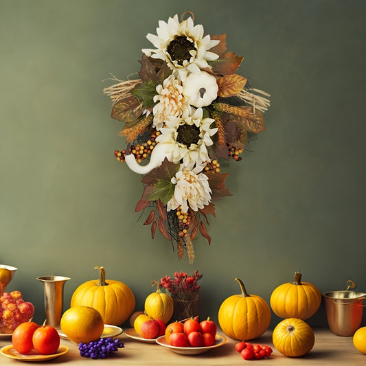 Farmhouse Style Fall Pumpkin Wreath - Thanksgiving Sunflower Door Decor, Outdoor Autumn Harvest Wreath, No Electricity or Feathers Required