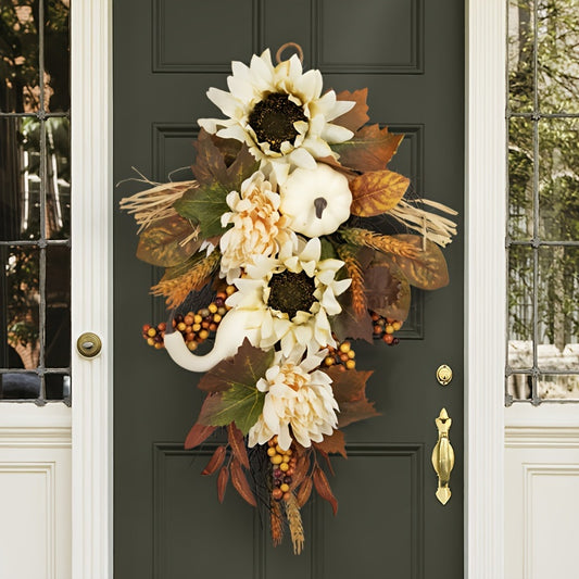 Farmhouse Style Fall Pumpkin Wreath - Thanksgiving Sunflower Door Decor, Outdoor Autumn Harvest Wreath, No Electricity or Feathers Required