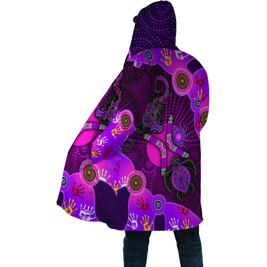 Winter Men For Women Hooded cloak Aboriginal Naidoc Week Purple Turtle Lizard Sun 3D Prined Fleece wind breaker Warm Hood cloak