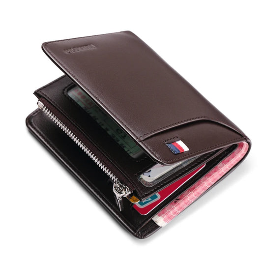 Genuine Leather Men Wallet with RFID Feature Zipper Casual Standard Short Purse Card Holder for Men