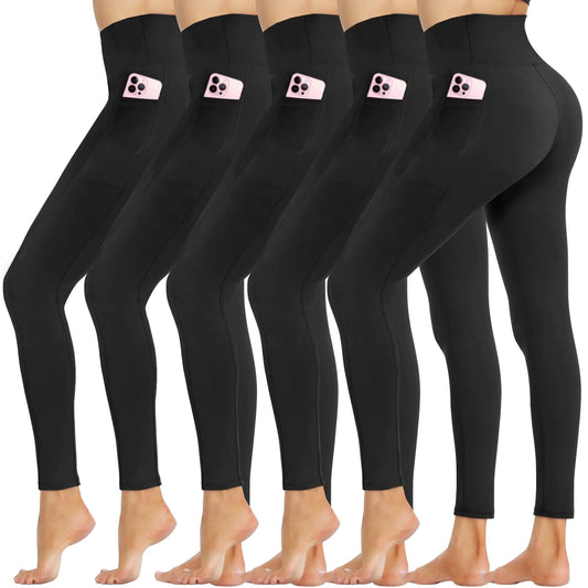 Opuntia 5 Pack Leggings with Pockets for Women - High Waisted Tummy Control Soft Black Yoga Pants for Workout Running