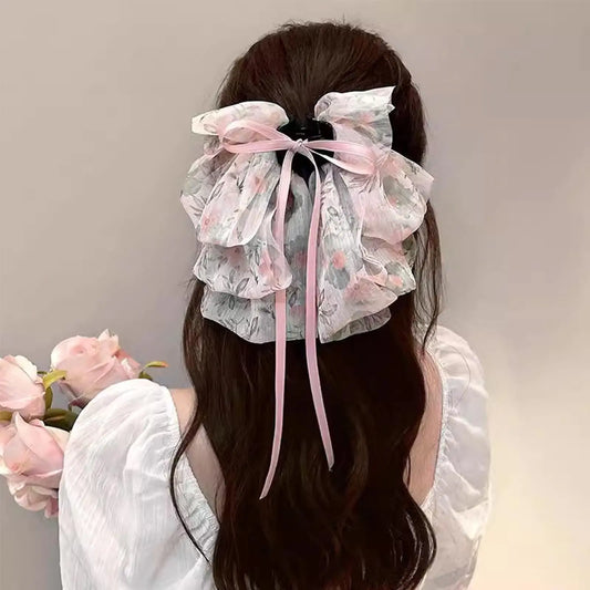 Chiffon Bowknot Hair Claw Clips，Tulle Hair Ribbon Ponytail Clip Hairpins Silky Satin Bows Barrettes Soft Fabric Ponytail Hair Decorations Accessories for Girls Women（Pink）