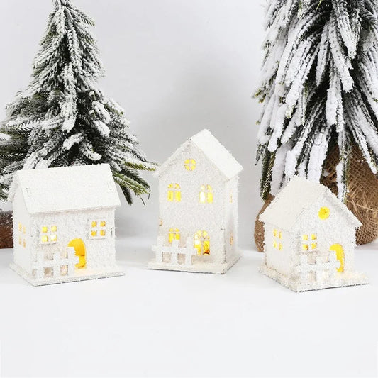Christmas White Snowflake LED Light Wooden House Xmas Ornament Luminous Cabin Christmas Home Party Decoration
