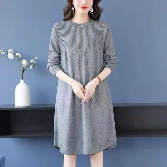 Women's Clothing Elegant All-match Solid Knit Dresses Autumn Winter New Casual Loose Long Sleeve Knee-Length Sweater Pullovers