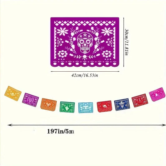 3PCS Mexican Party Decor Set, Vibrant Papel Picado Bunting-Plastic Fiesta Garland for Cinco de Mayo, Wedding, Birthday Carnival