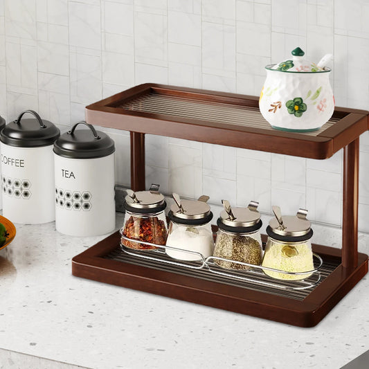 Bamboo 2-Tier Vanity Organizer with Acrylic Base, Eco-Friendly Cosmetic/Perfume Storage Rack for Bathroom & Kitchen (Walnut）