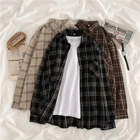 Vintage Plaid Shirts Women Autumn Long Sleeve Oversize Button Up Shirt Korean Fashion Casual Fall Outwear Tops Blusas Mujer