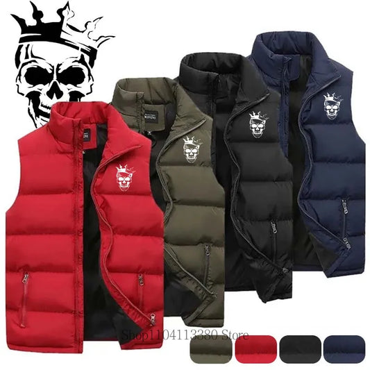 New Men Clothing Skeleton Printed Vest Autumn Winter Casual Fashion Mandarin Collar Zipper Sleeveless Warm Jacket Vest Coat