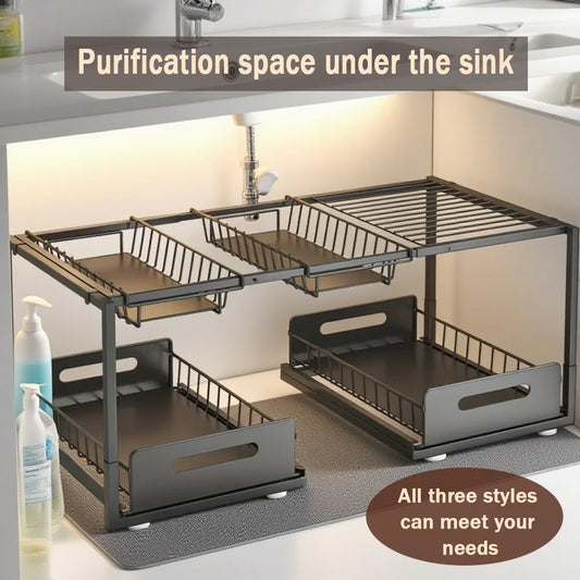 Double layered storage rack under sink - adjustable sliding rail with wire sliding pull, can store more things and save space