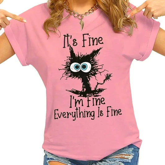 Women Clothes Cat It's Fine I'm Fine Everything Is Fine Print T-shirts Summer Casual  Fashion Personalized Woman Clothing