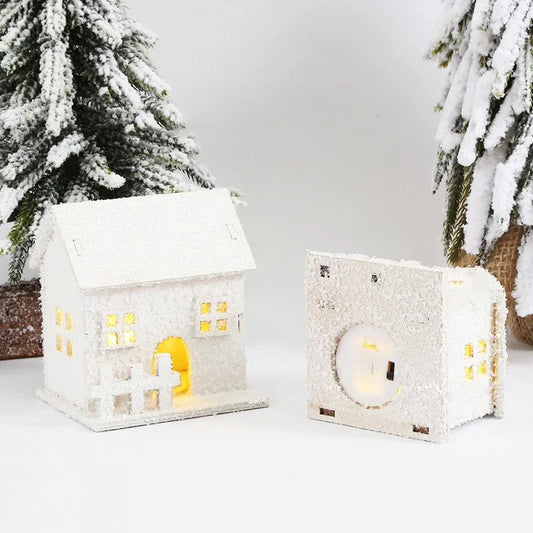 Christmas White Snowflake LED Light Wooden House Xmas Ornament Luminous Cabin Christmas Home Party Decoration