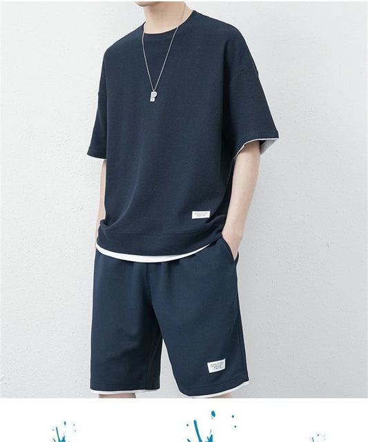 Cool Clothing Summer Sports Suit For Men Comfortable Breathable Mesh Waffle Sets Fitness Tracksuit T-shirt+Shorts Two-Piece Set