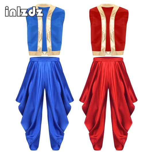 Mens Arabian Costume Arabian Prince Cosplay Dress Up Vest Waistcoat Harem Pants Suit for Halloween Carnival Stage Performance