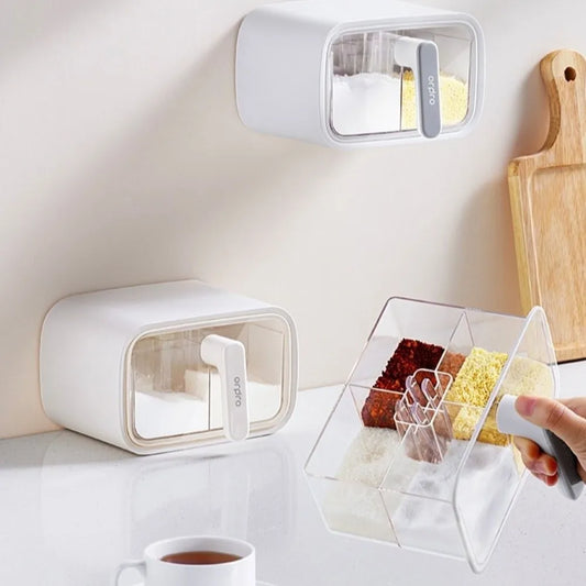 Wall Mount Seasoning Storage Box Seal Moisture-proof Clear Seasoning Container Non Perforated with Spoon Spice Boxes