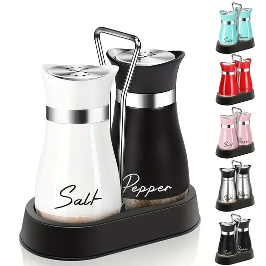 A Set of Pepper and Salt Seasoning Bottles, with A Shaking Stand Added Glass Base, Stainless Steel Lid, Refillable.