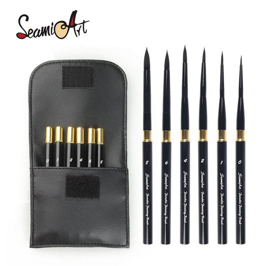 SeamiArt 6pcs/Set With Portable Pu Brush Bag DivIsible Short Holder Watercolor Journal Paint Brush for Art Supplies