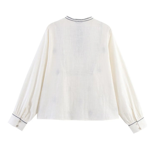 2025 WOMAN Women Fashion European and American Style Autumn New Embroidered Shirt Chic Bow Casual Top Blouses Mujer