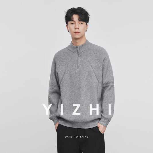 Men's Clothing Autumn Winter Half Open Collar Solid Color Zipper Pullover Long Sleeve Sweater Knitted Fashionable Casual Tops