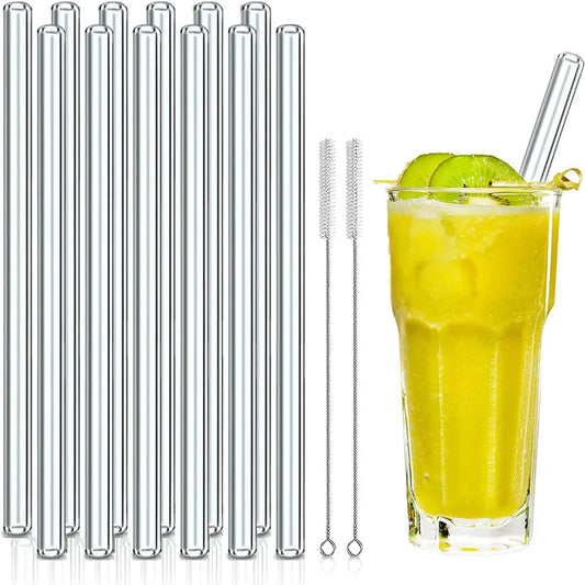 Reusable Glass Straws 200mm Straight Glass Drinking Straws 12 Pack with 2 Cleaning Brushes Smooth for Beverages Shakes Milk Tea