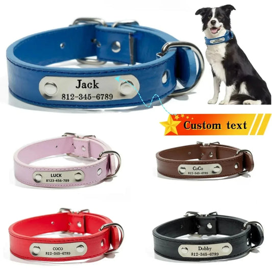 Personalized Customize Dog Collar with Carved ID Tag, Anti-Lost Solid PU Leather Design for Small Medium Large Dogs Pet Supplies