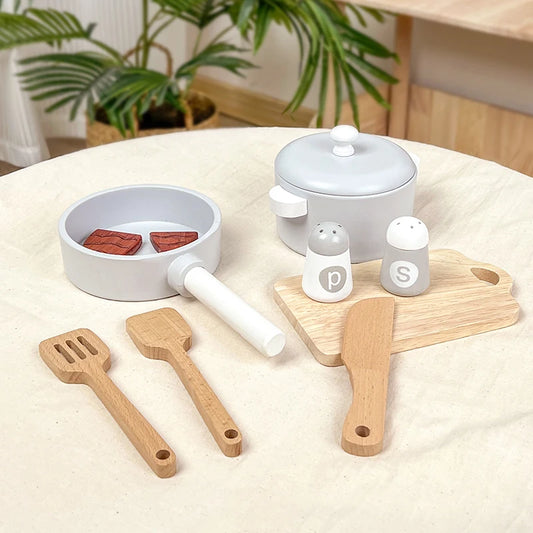 Children's simulation kitchen toys, early education educational toys, wooden simulation pots and pans, food, role-play chef