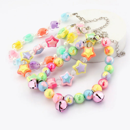 Cute Dog Collars Candy Colored Pearl Necklace Love Flower Beads Alloy Chain Link Adjustable Collar for Dog Cat Pet Supplies