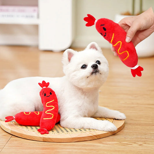 Squeaky Plush Pet Toys: Hot Dog Embroidered Chew Toys for Dogs & Cats, Bite-Resistant Toys to Relieve Boredom,
