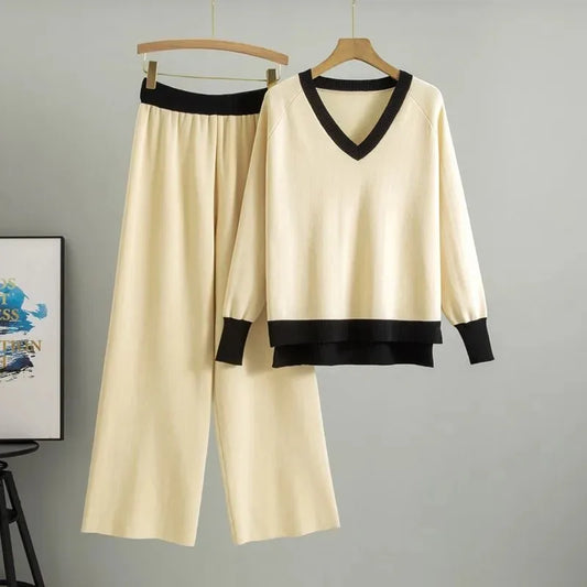 Fashionable Casual Suit for Women 2025 Spring and Autumn V-neck Contrasting Sweater Loose Wide-leg Pants Two-piece Set