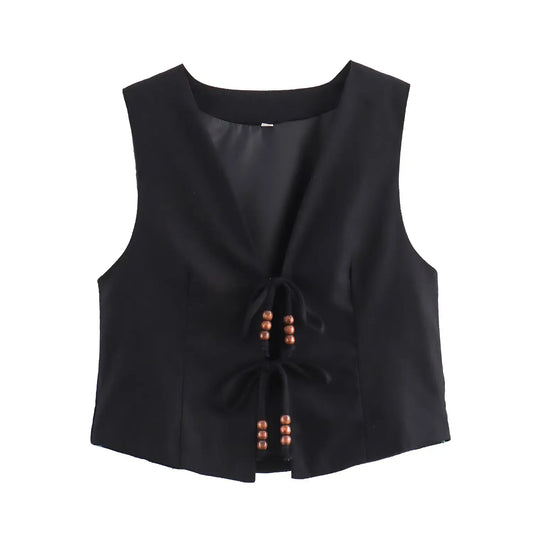 2025 New Women's Clothing European and American Style French Design Fashion Beaded Bow Linen Blended Vest