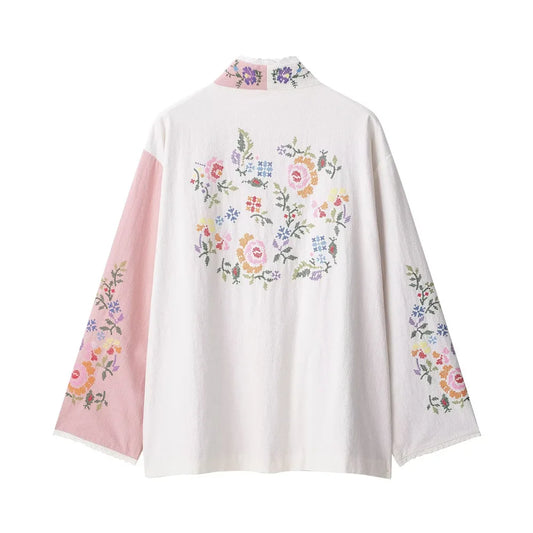women's clothing new product casual temperament simple V-neck long sleeved flower embroidered long shirt