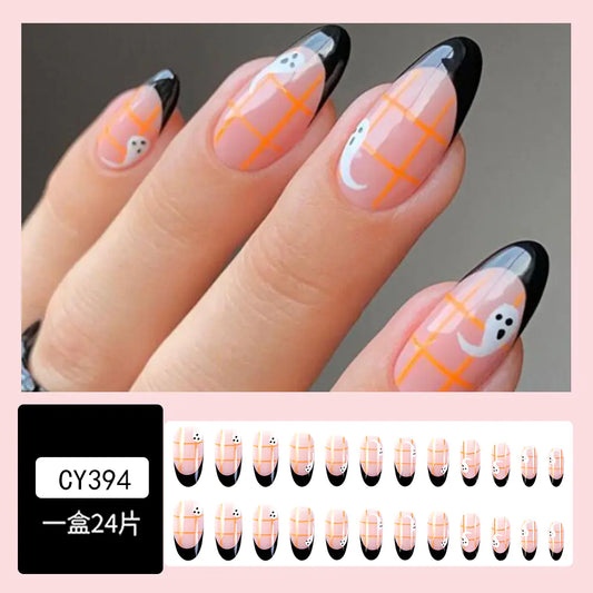 Black French Almond-shaped Ghost Nail Art for Halloween