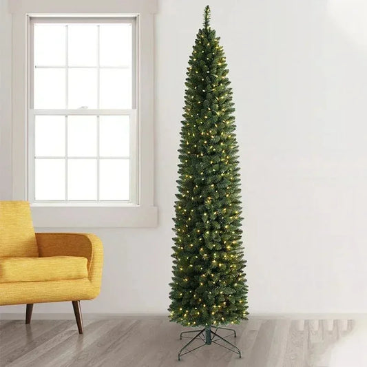 Artificial PVC Christmas Tree With Led Lights Green Pointed Thin Long Pen Pole Indoor And Outdoor Supplies New 150CM to 210CM