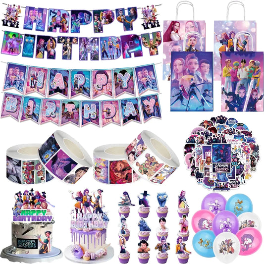Demon Hunters Birthday Party Decor Tableware Banner Decorations Cake Topper Balloon Girl Kid Korean Kpop Anime Party Supplie Set