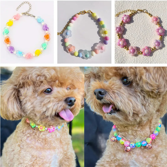 Cute Dog Collars Candy Colored Pearl Necklace Love Flower Beads Alloy Chain Link Adjustable Collar for Dog Cat Pet Supplies